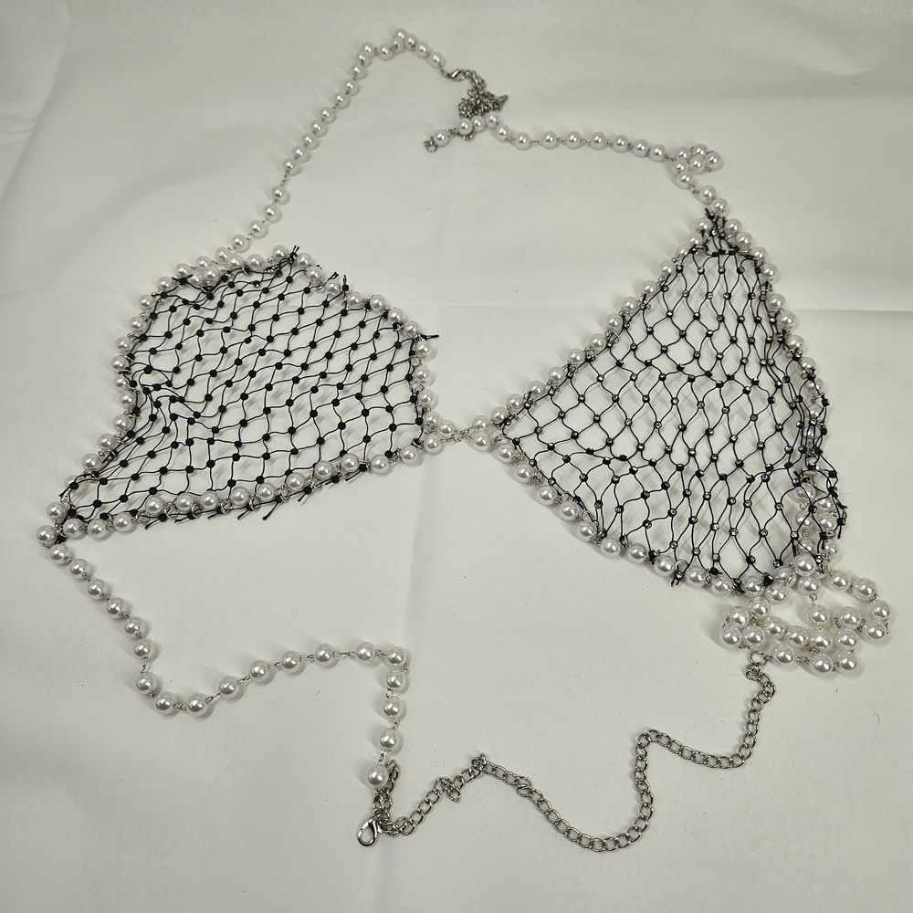 Pearl Rhinestone Fishnet Body Chain Top Festival Rave Bikini Harness Jewelry